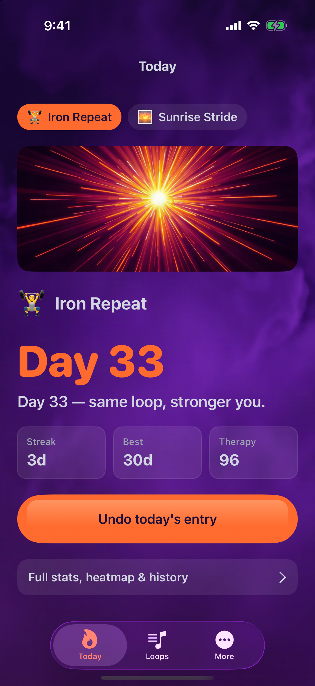 Today tab with day counter and log session